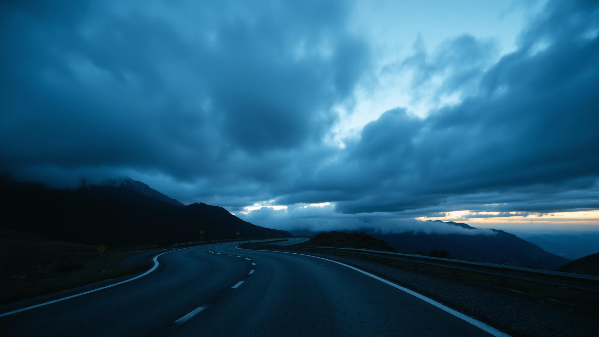 Leere Passstraße in den Alpen in der Dämmerung